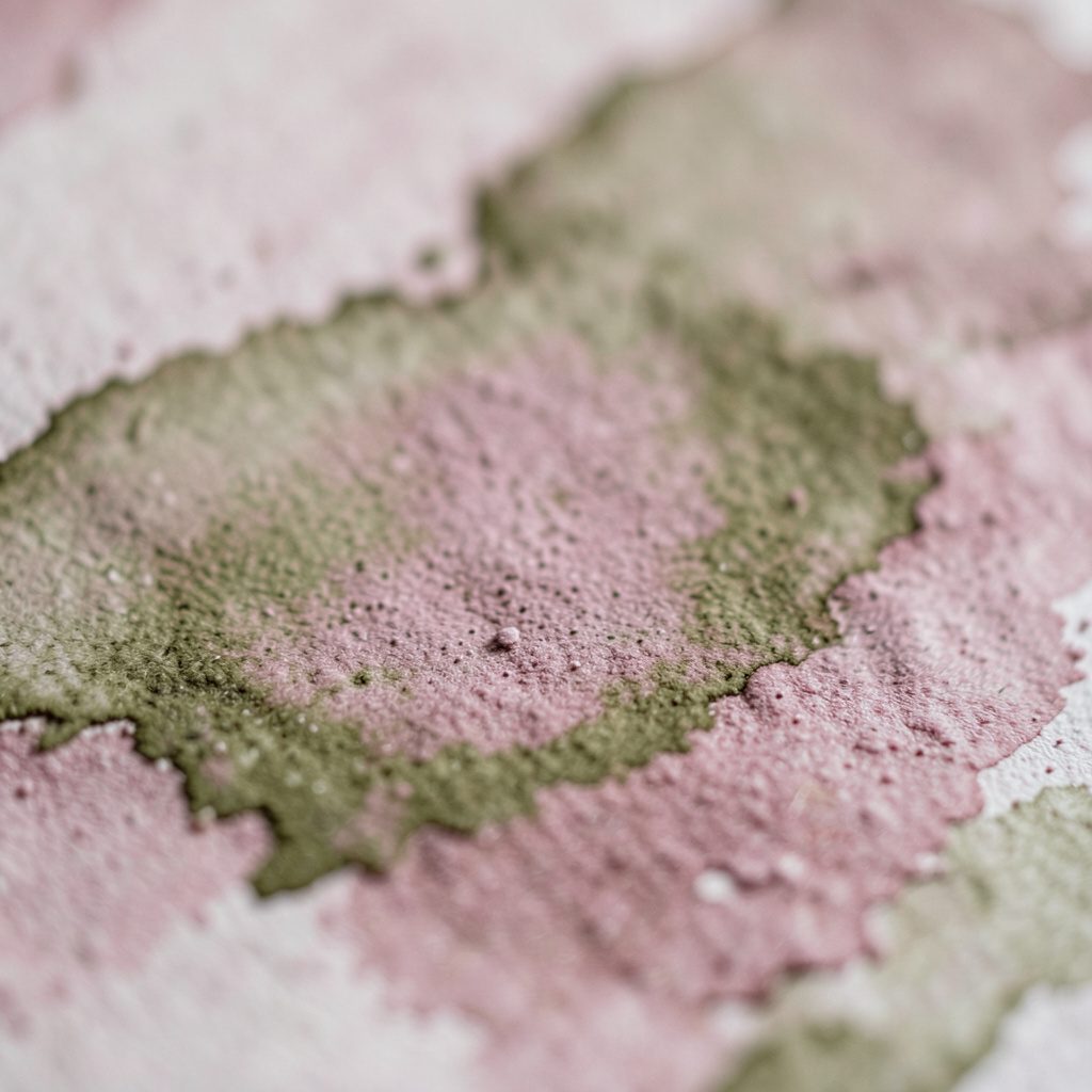An extreme close-up of dusty rose and olive ink wash texture, atmospheric and muted.