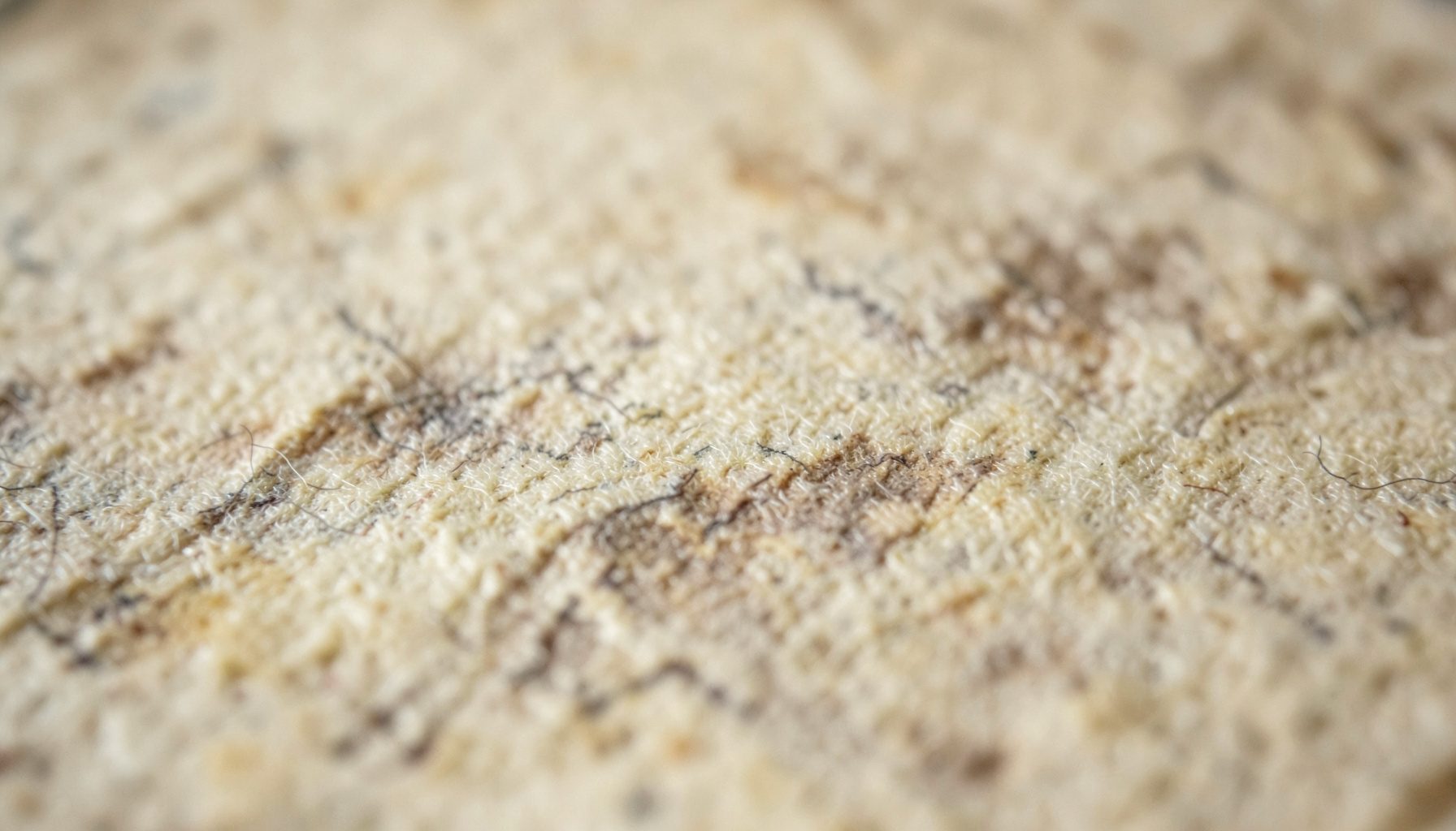 Extreme close-up of weathered parchment paper showing softly mottled cream and taupe fibres under low warm light, evoking ancient manuscript study.
