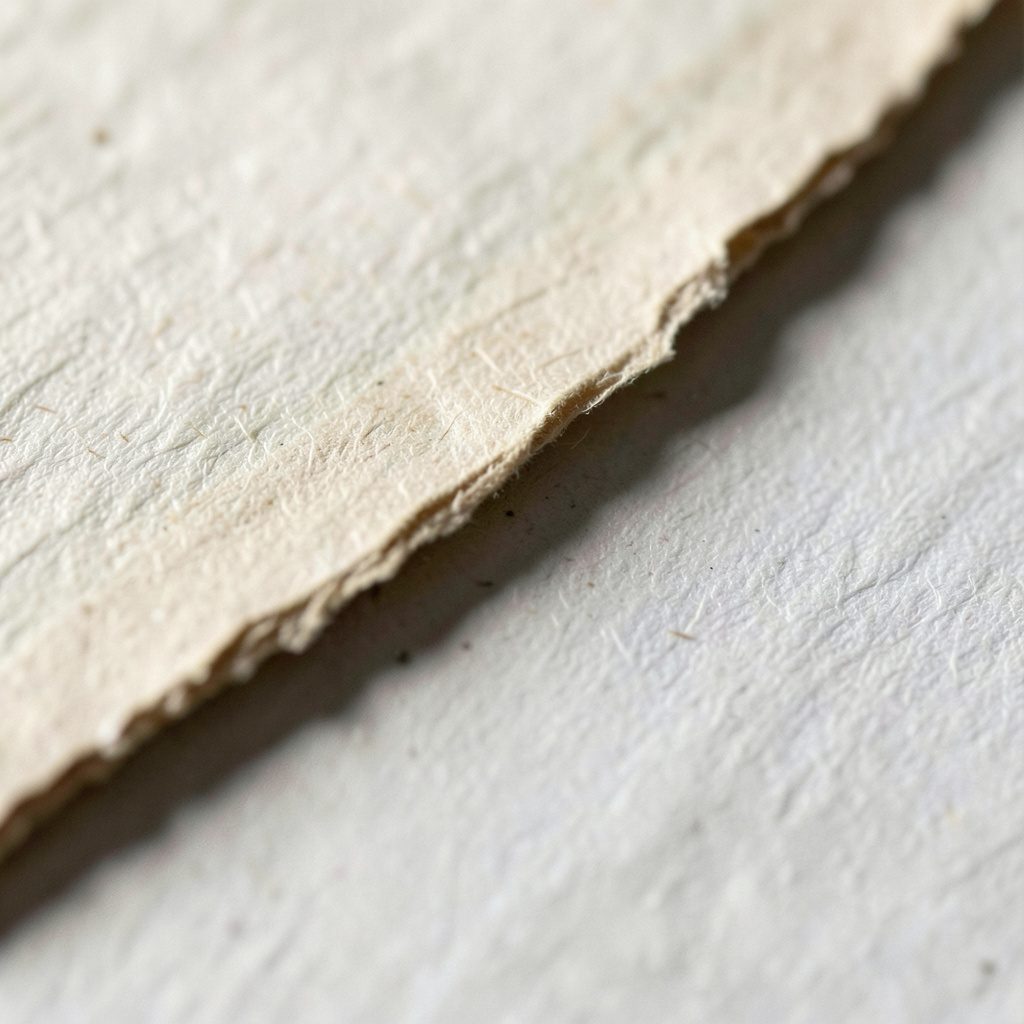 Close-up of worn paper edges in warm ecru and parchment tones, with soft shadow along the margin and a meditative, archival atmosphere in ivory and dusty taupe