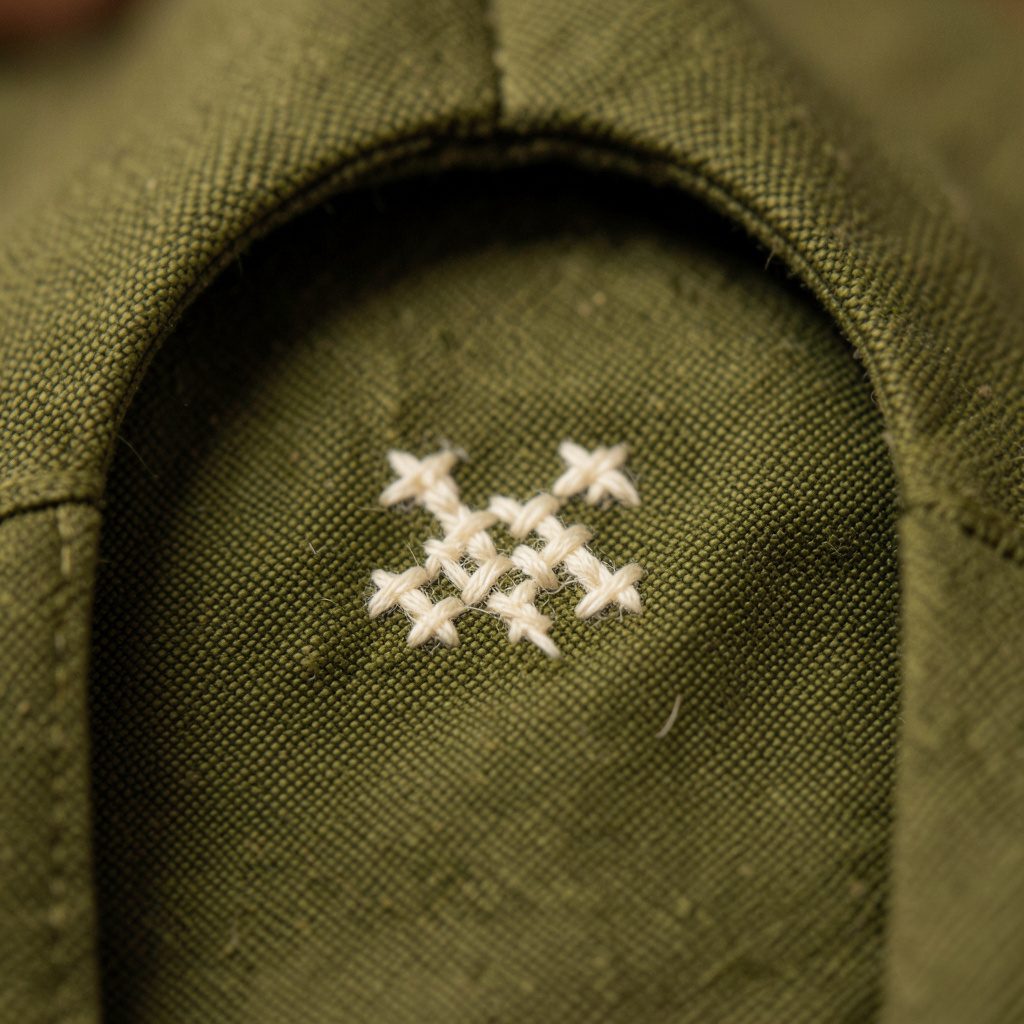 An extreme close-up of deep olive linen cloth with a soft cream cross-stitch motif, framed within an arch shape in warm, muted light.