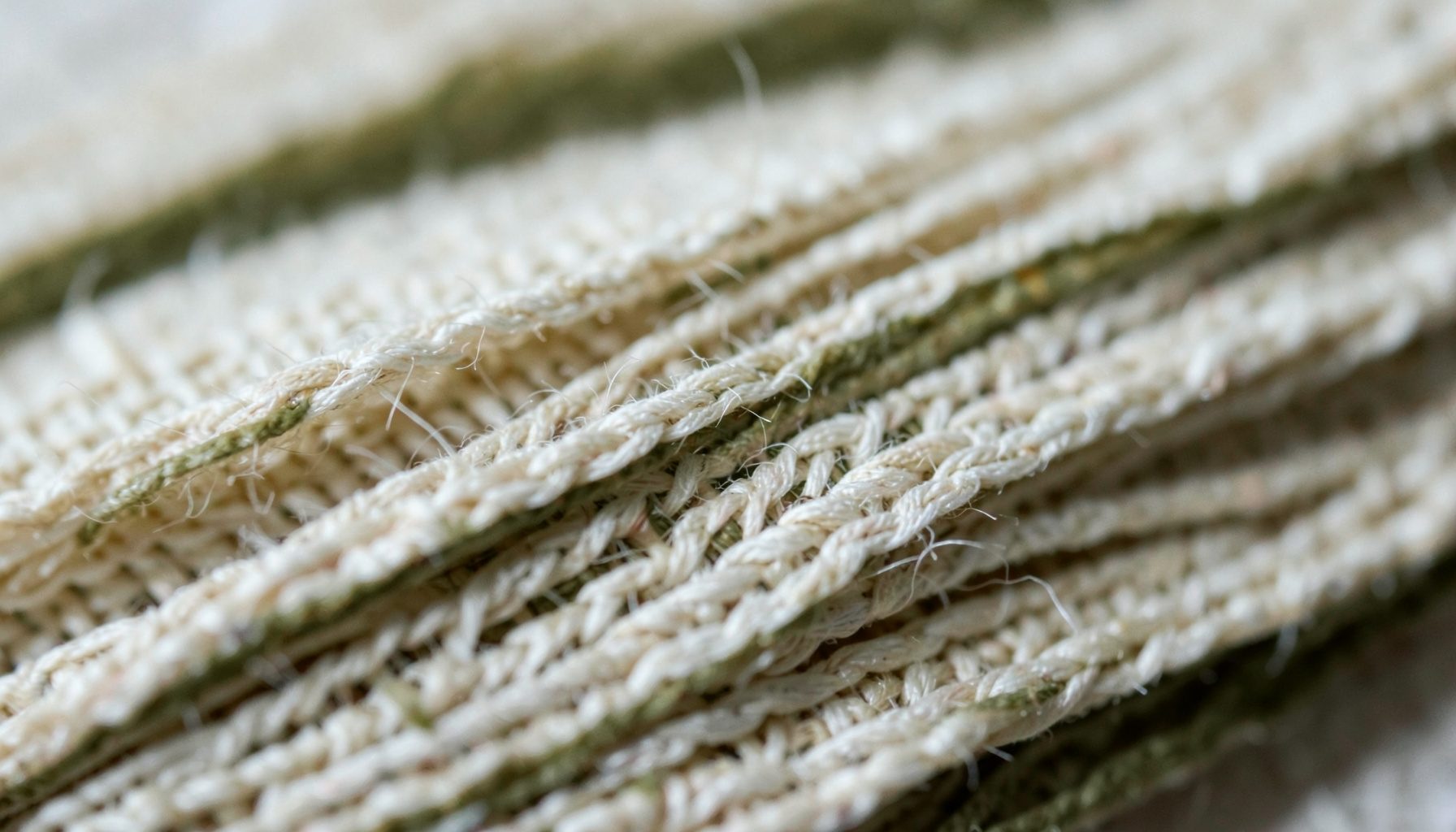 Close-up photograph of layered linen fibers in muted cream and olive tones, lit from the side to reveal the woven texture.